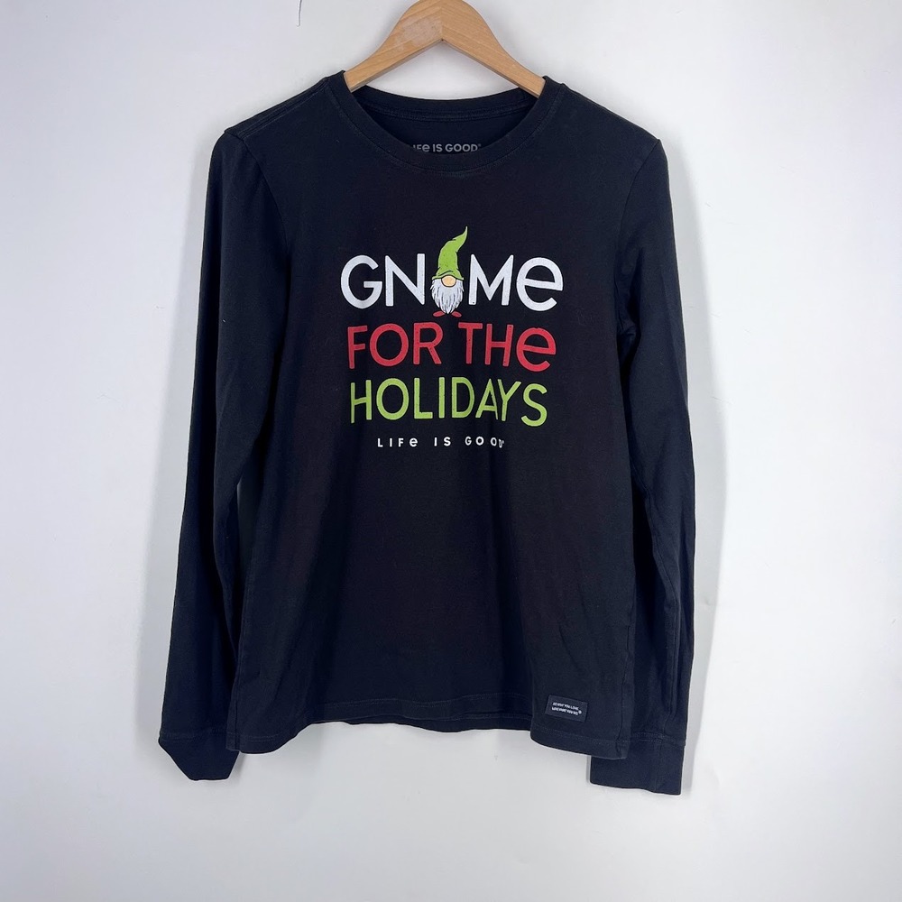 Life is Good Womens Black Gnome for the Holidays Crusher Long Sleeve Tee Small - Picture 1 of 13